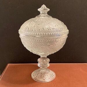 Vintage Pavel Panek floral embossed lidded pressed glass pedestal candy dish